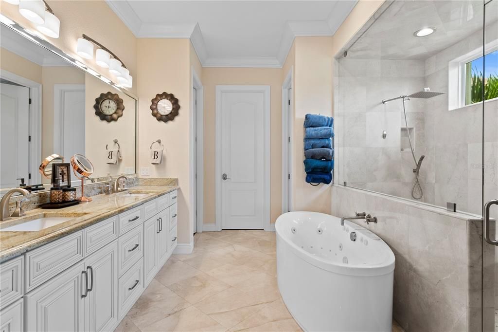 Bathroom, Dual Sink Vanities, Free Standing Baths, Glass Shower, Interior, Recessed Lighting