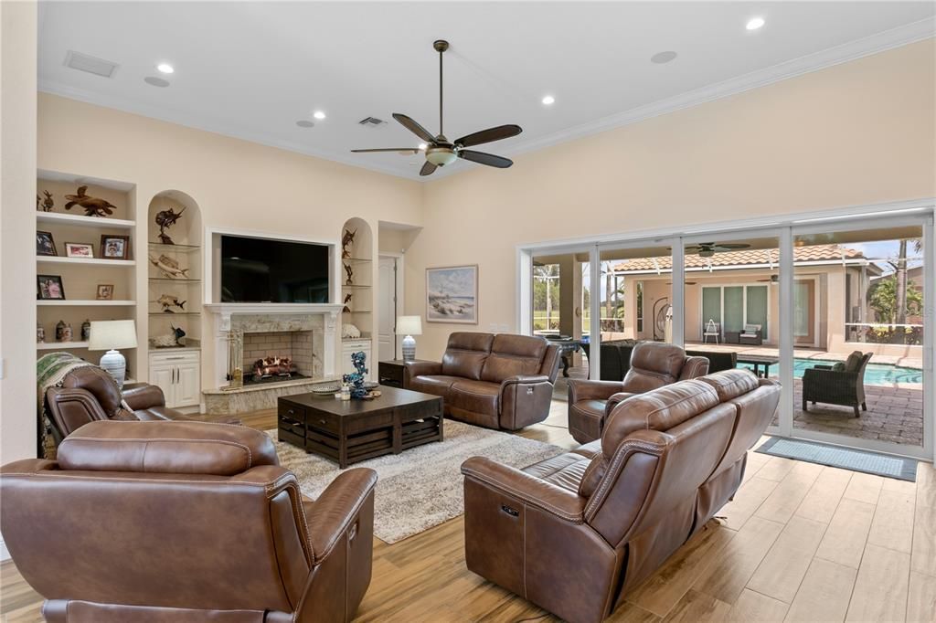 Fireplace, Interior, Living room, Recessed Lighting, Wood Texture Flooring