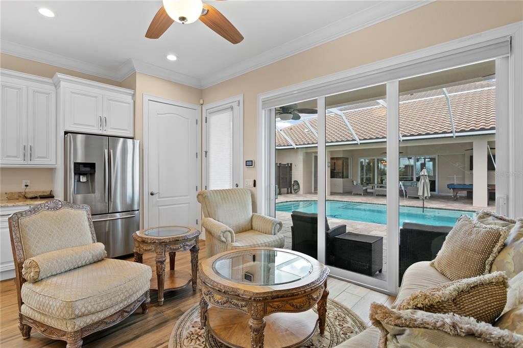 Interior, Kitchen, Living room, Pool, Recessed Lighting, Stainless Steel Appliances, Wood Texture Flooring