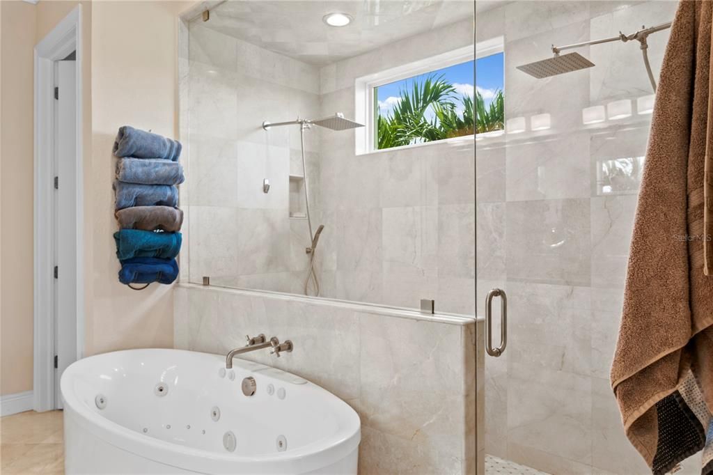 Bathroom, Glass Shower, Interior, Marble Walls, Recessed Lighting