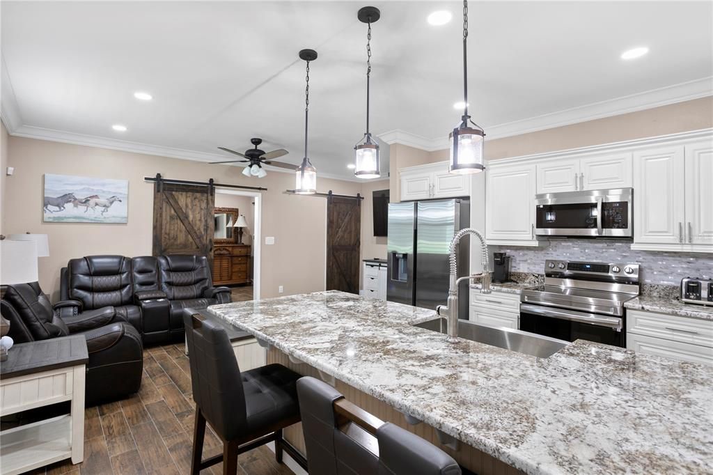 Interior, Kitchen, Living room, Pendant Lights, Recessed Lighting, Stainless Steel Appliances, Wood Texture Flooring