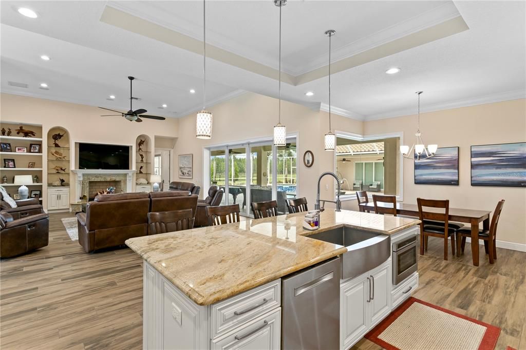 Dining room, Fireplace, Interior, Kitchen, Living room, Pendant Lights, Recessed Lighting, Stainless Steel Appliances, Wood Texture Flooring