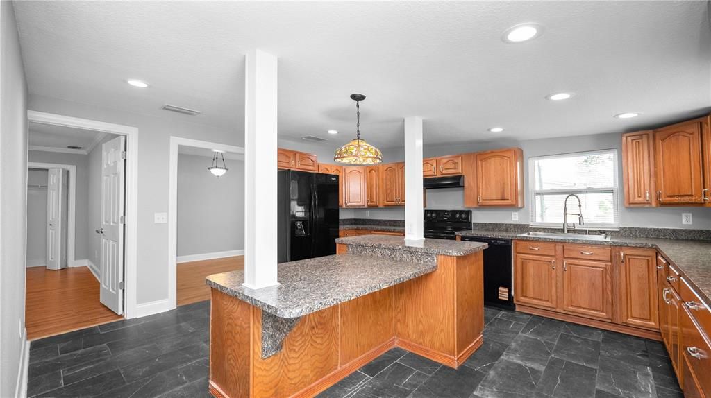 Interior, Kitchen, Pendant Lights, Recessed Lighting, Wood Texture Flooring