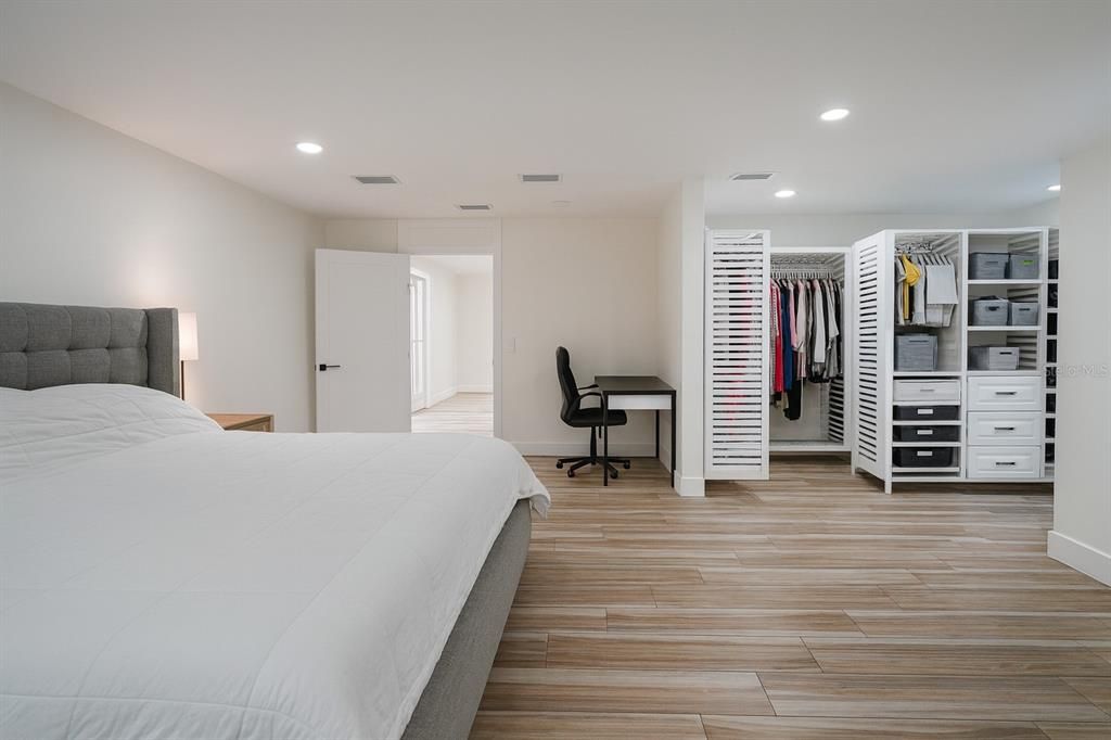 Bedroom, Interior, Recessed Lighting, Wood Texture Flooring