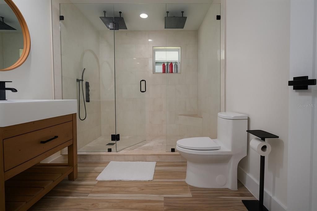 Bathroom, Glass Shower, Interior, Recessed Lighting, Wood Texture Flooring