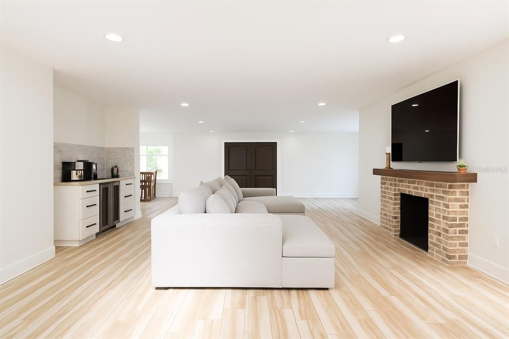 Fireplace, Interior, Kitchen, Living room, Recessed Lighting, Wood Texture Flooring