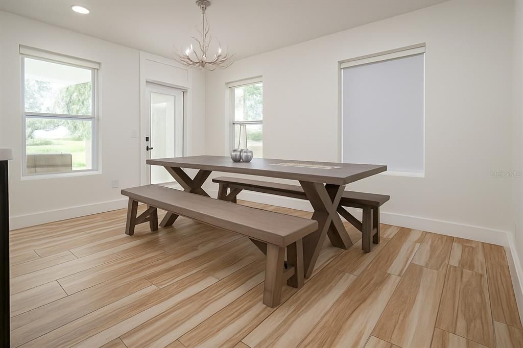 Chandelier, Dining room, Interior, Recessed Lighting, Wood Texture Flooring