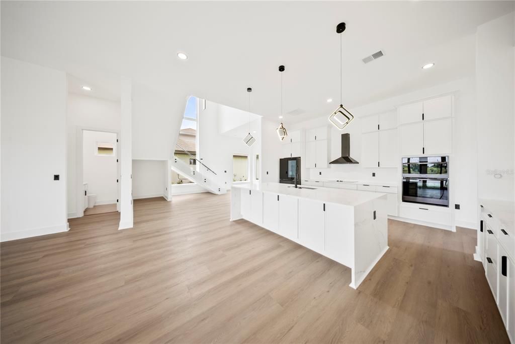 Interior, Kitchen, Pendant Lights, Recessed Lighting, Wood Texture Flooring