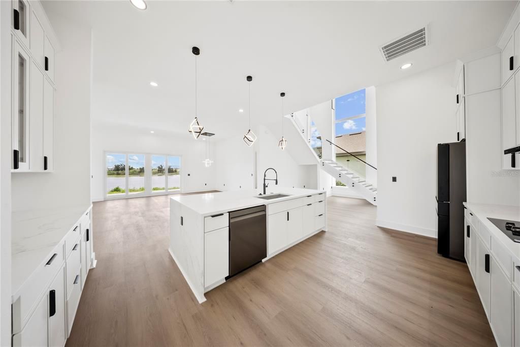 Interior, Kitchen, Pendant Lights, Recessed Lighting, Wood Texture Flooring