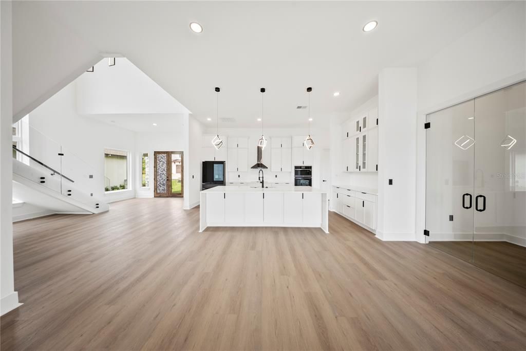 Interior, Kitchen, Pendant Lights, Recessed Lighting, Wood Texture Flooring