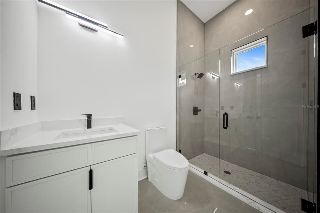 Bathroom, Glass Shower, Interior, Recessed Lighting