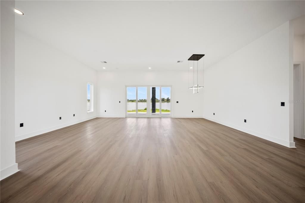 Empty room, Interior, Pendant Lights, Recessed Lighting, Wood Texture Flooring