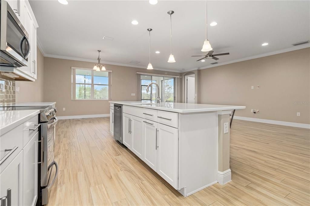 Interior, Kitchen, Pendant Lights, Recessed Lighting, Wood Texture Flooring
