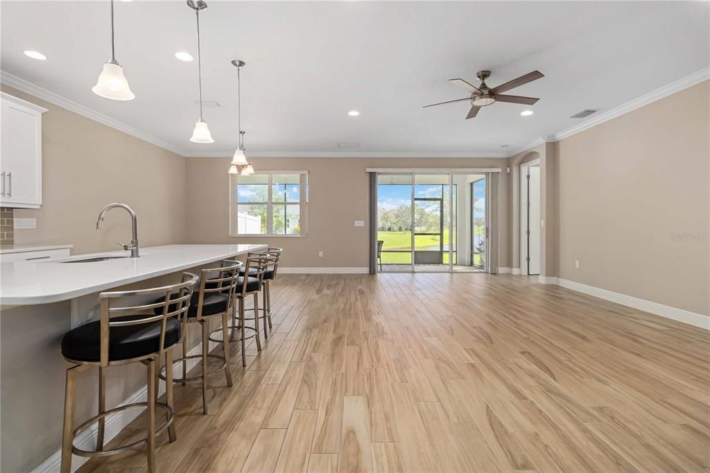 Empty room, Interior, Kitchen, Pendant Lights, Recessed Lighting, Wood Texture Flooring