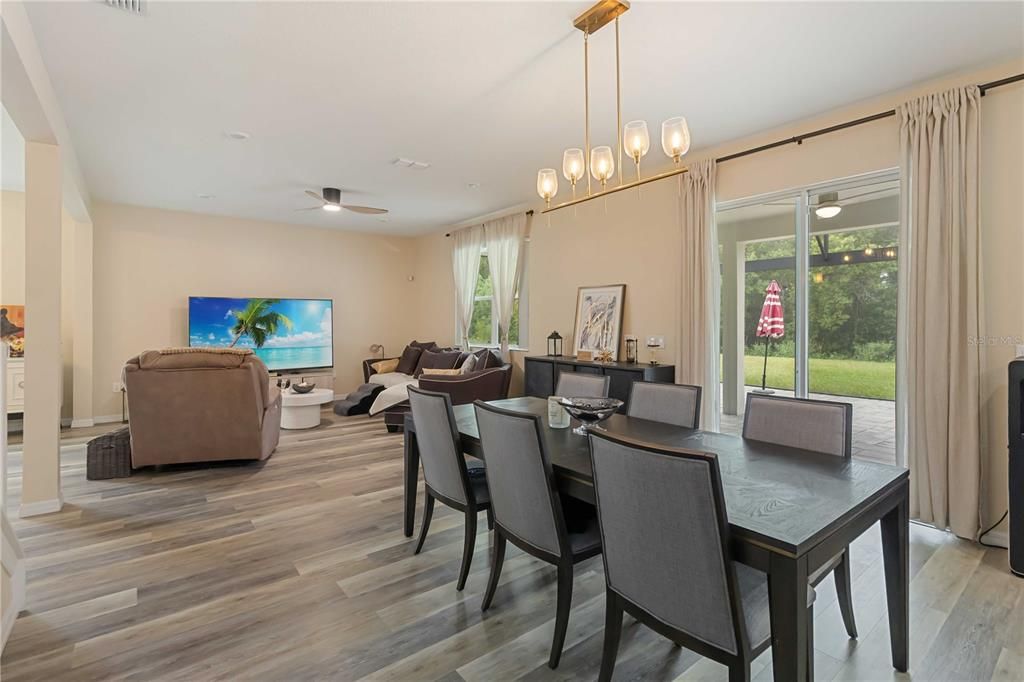 Dining room, Interior, Living room, Pendant Lights, Wood Texture Flooring