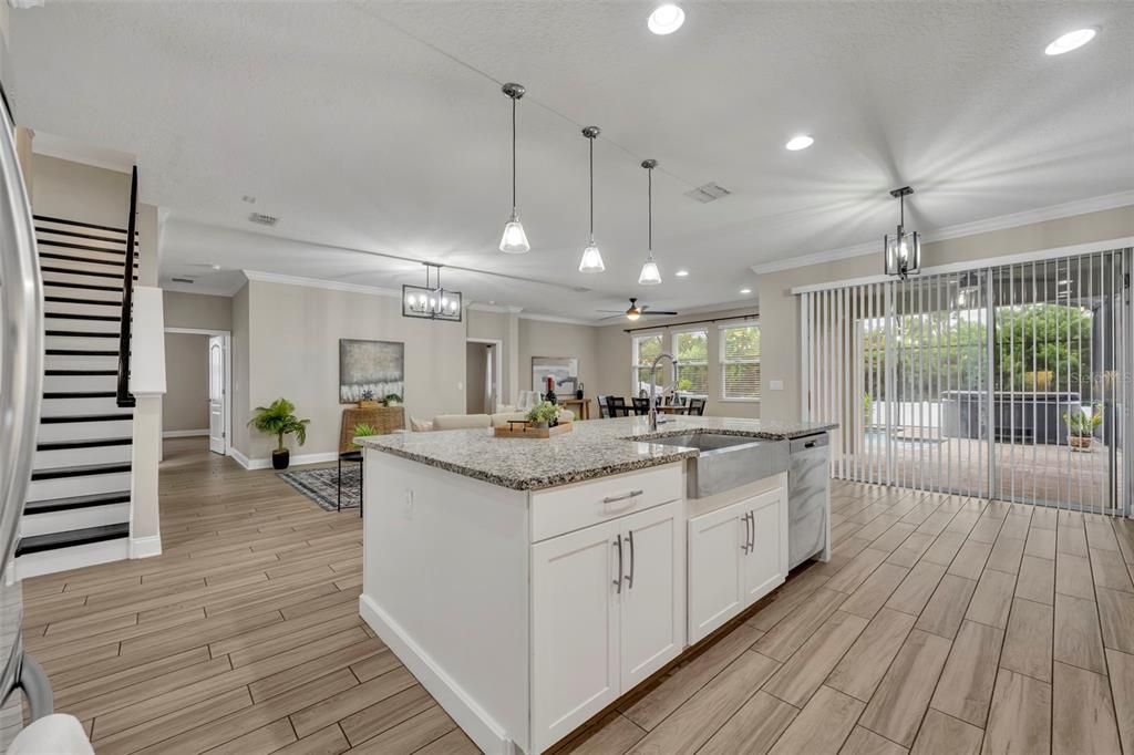 Chandelier, Interior, Kitchen, Pendant Lights, Recessed Lighting, Wood Texture Flooring