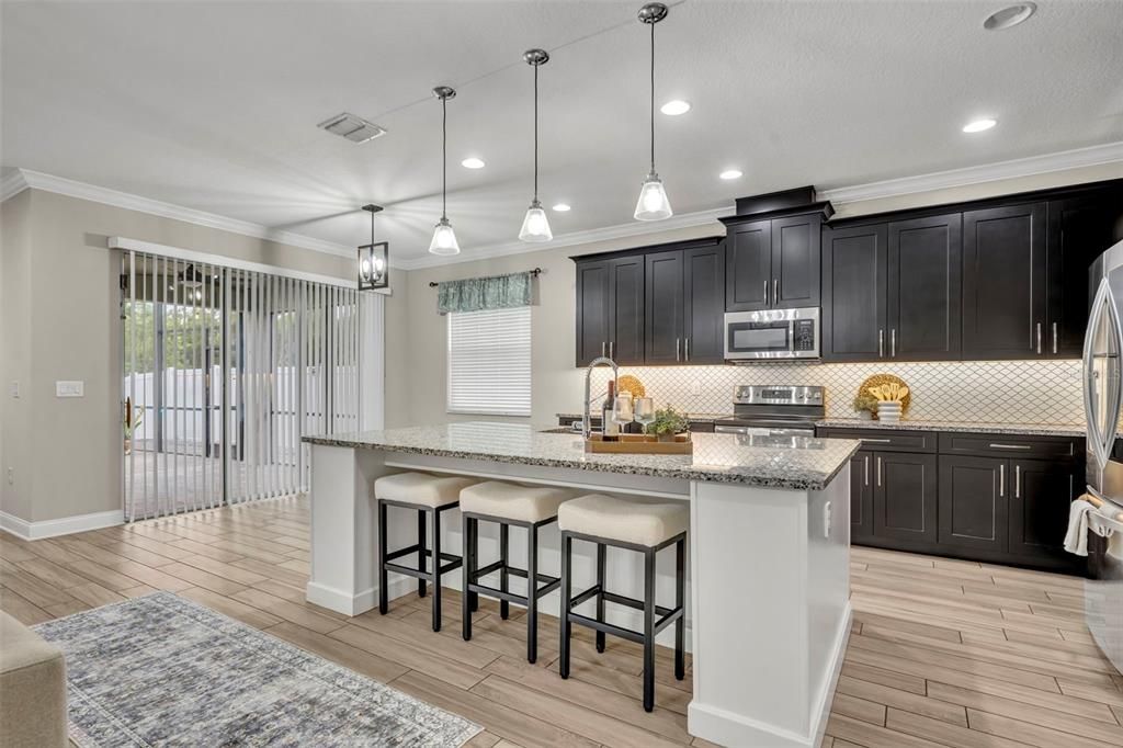 Interior, Kitchen, Pendant Lights, Recessed Lighting, Wood Texture Flooring