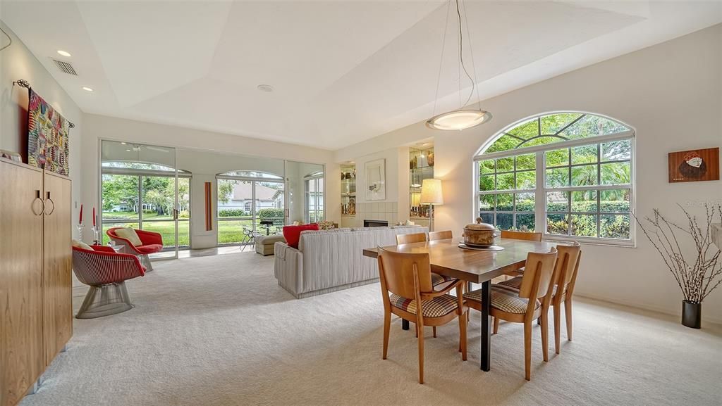 Dining room, Fireplace, Interior, Living room, Pendant Lights, Recessed Lighting