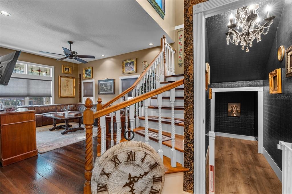 Chandelier, Fireplace, Interior, Recessed Lighting, Wood Texture Flooring