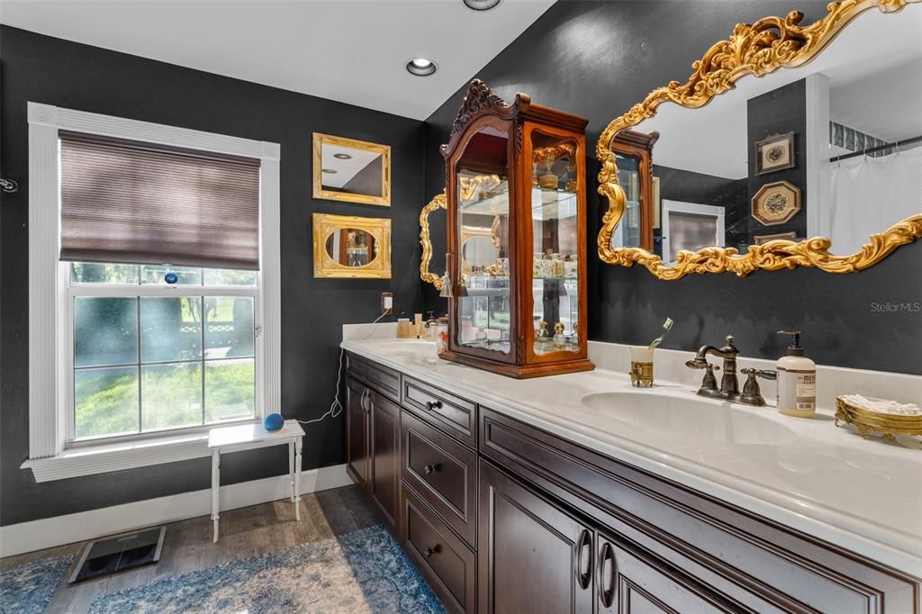 Bathroom, Dual Sink Vanities, Interior, Recessed Lighting, Wood Texture Flooring