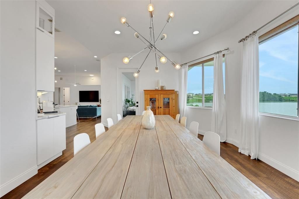 Dining room, Interior, Pendant Lights, Recessed Lighting, Water, Wood Texture Flooring