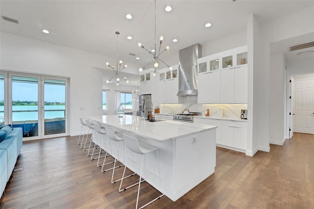 Interior, Kitchen, Pendant Lights, Recessed Lighting, Stainless Steel Appliances, Water, Wood Texture Flooring