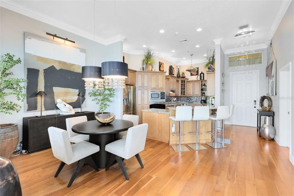 Dining room, Interior, Kitchen, Pendant Lights, Recessed Lighting, Stainless Steel Appliances, Wood Texture Flooring