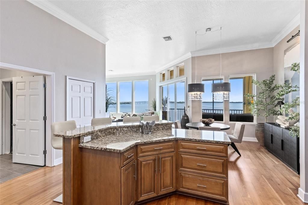 Dining room, Interior, Pendant Lights, Water, Wood Texture Flooring