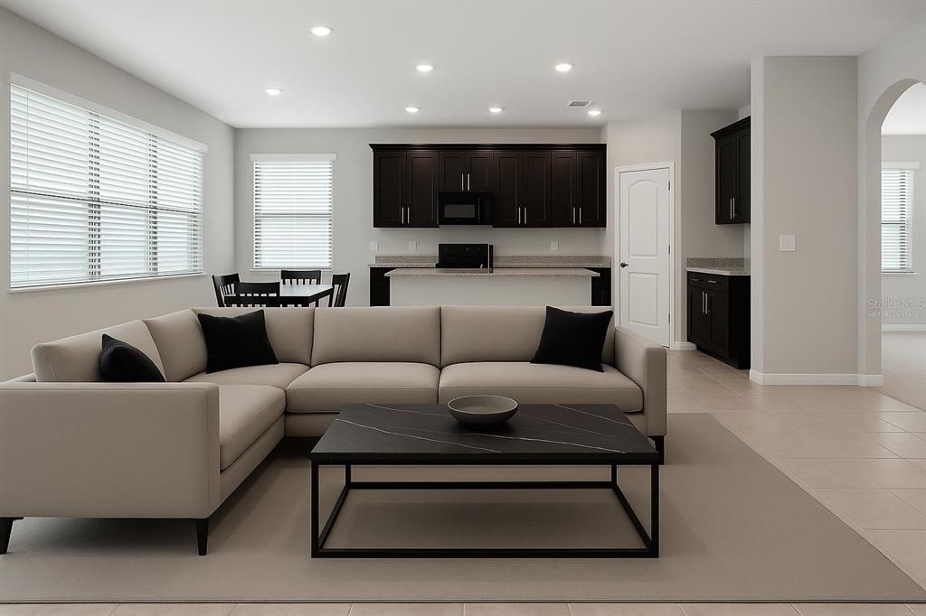 Dining room, Interior, Kitchen, Living room, Recessed Lighting