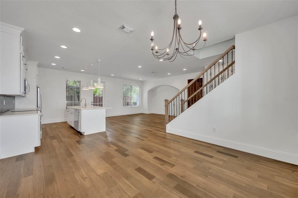 Chandelier, Interior, Kitchen, Pendant Lights, Recessed Lighting, Wood Texture Flooring
