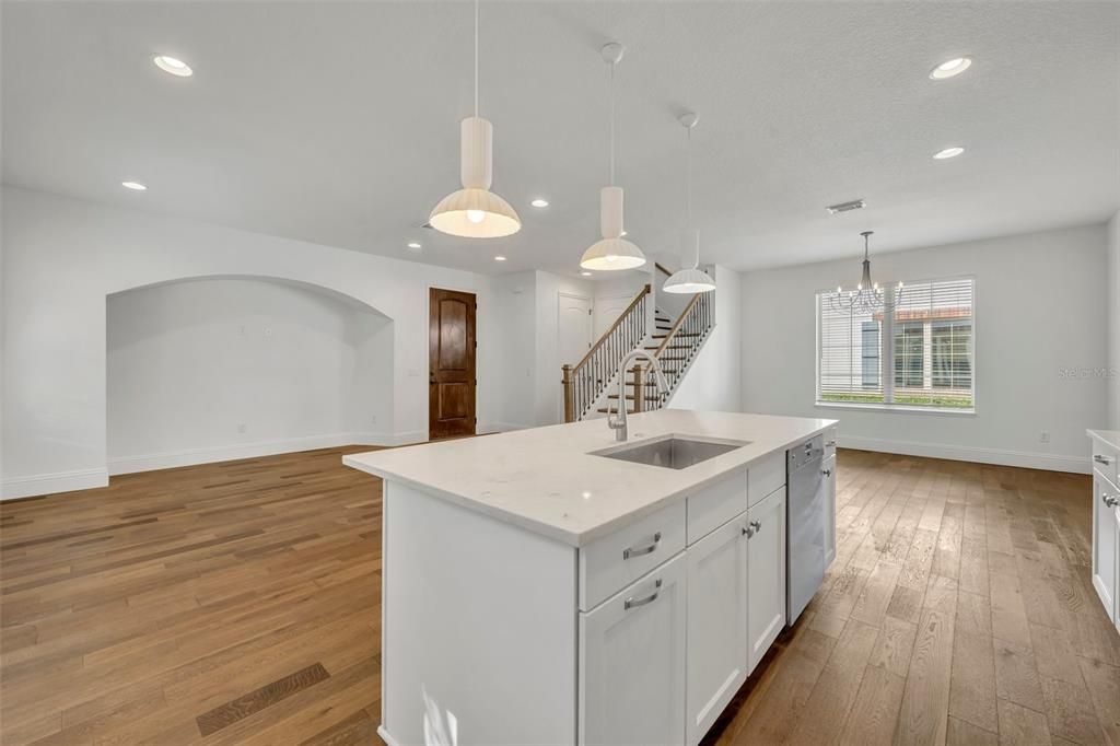 Chandelier, Interior, Kitchen, Pendant Lights, Recessed Lighting, Wood Texture Flooring