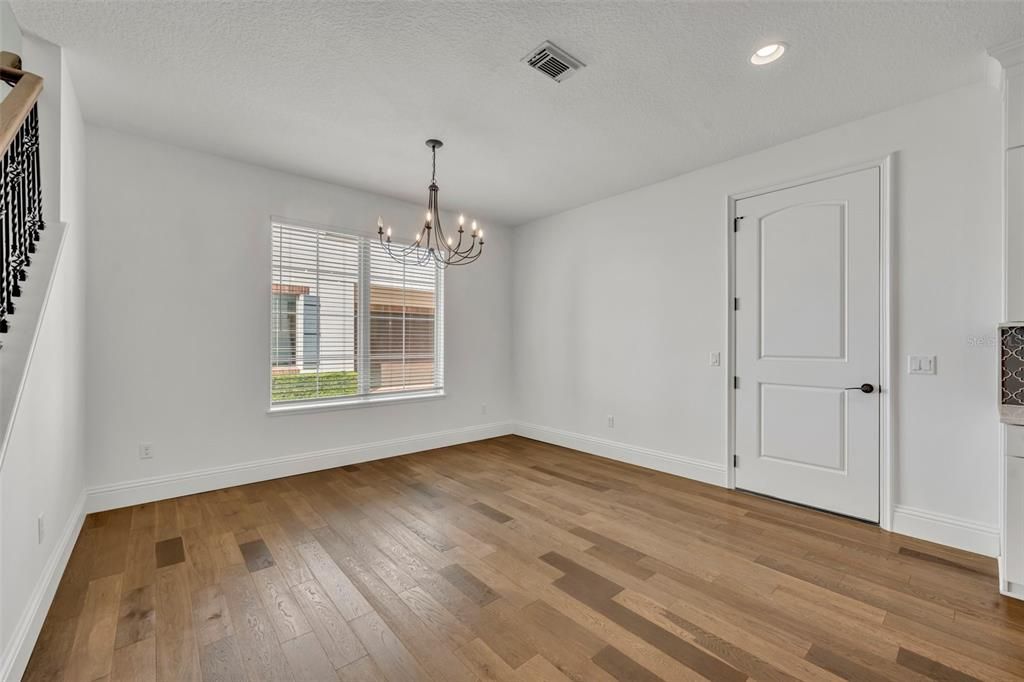 Chandelier, Empty room, Interior, Recessed Lighting, Wood Texture Flooring