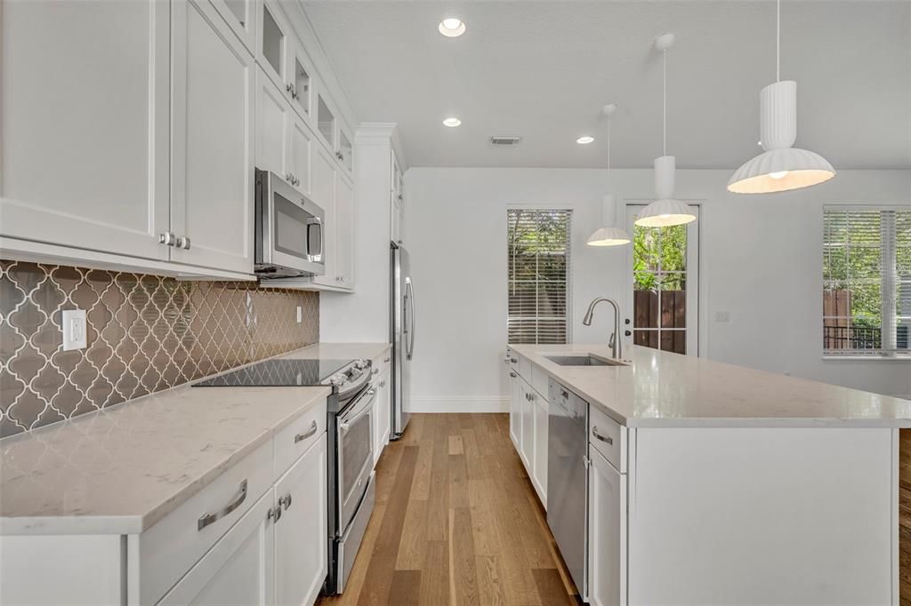Interior, Kitchen, Pendant Lights, Recessed Lighting, Wood Texture Flooring