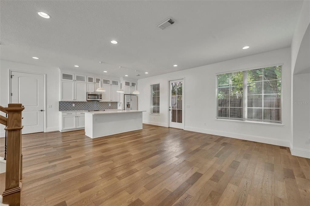Empty room, Interior, Kitchen, Pendant Lights, Recessed Lighting, Wood Texture Flooring