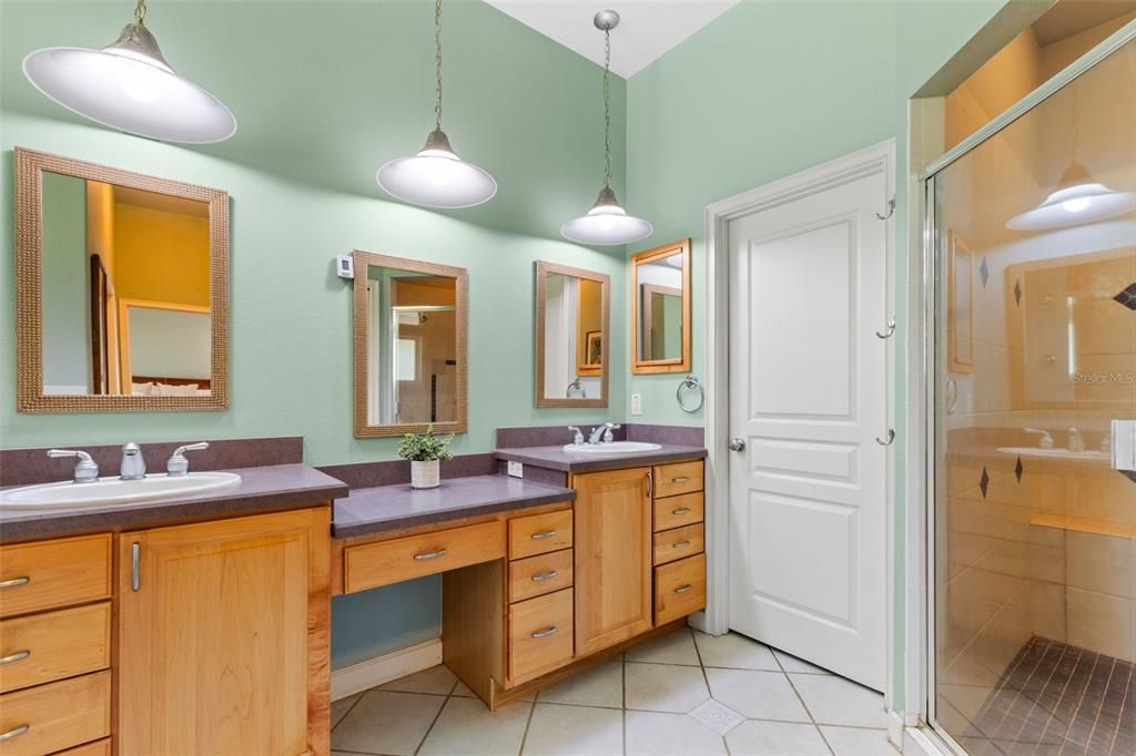 Bathroom, Dual Sink Vanities, Glass Shower, Interior, Pendant Lights