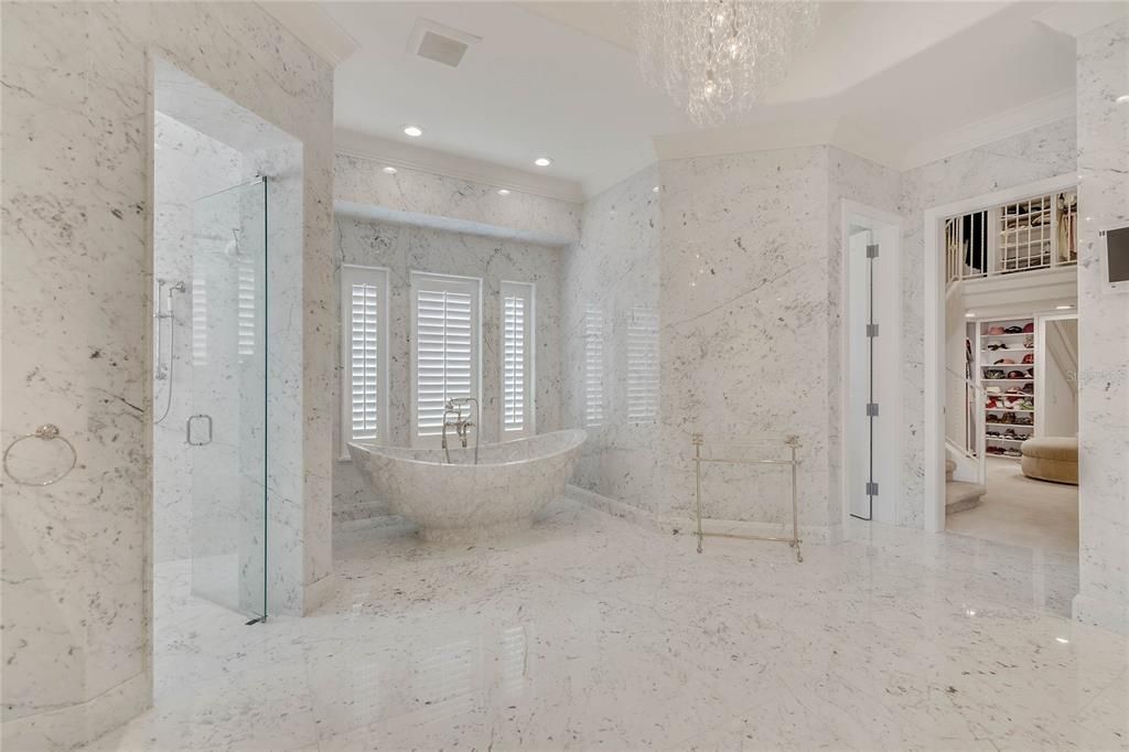 Bathroom, Free Standing Baths, Glass Shower, Interior, Marble, Marble Walls, Recessed Lighting