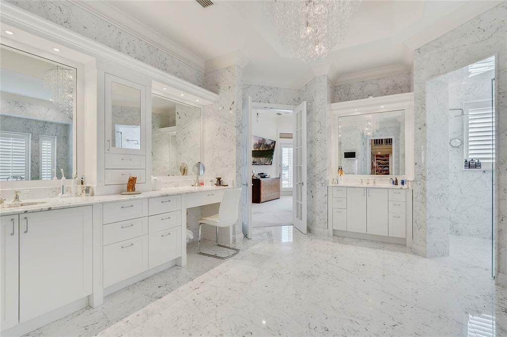 Bathroom, Chandelier, Dual Sink Vanities, Interior, Marble, Marble Walls, Recessed Lighting