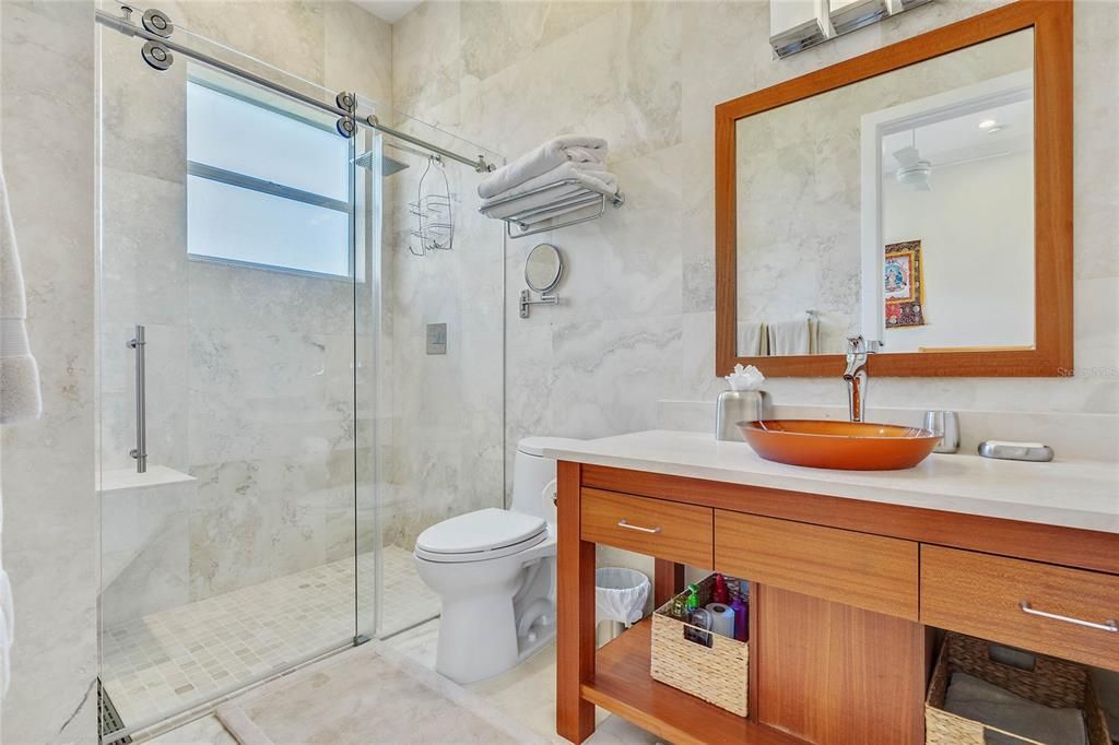 Bathroom, Dual Sink Vanities, Glass Shower, Interior, Marble Walls