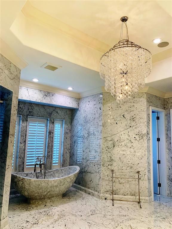 Bathroom, Chandelier, Free Standing Baths, Interior, Marble, Marble Walls, Recessed Lighting