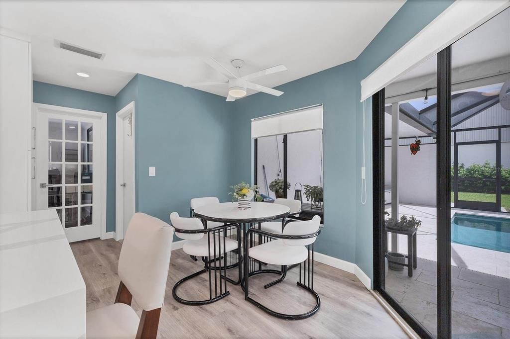 Dining room, Interior, Recessed Lighting, Wood Texture Flooring