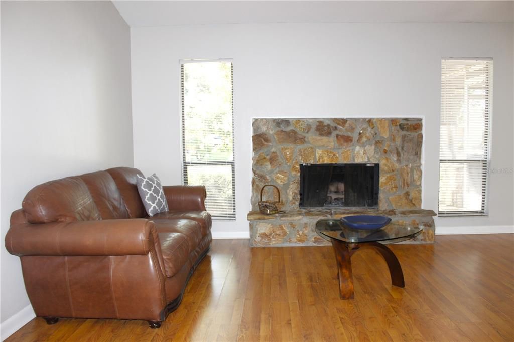 Fireplace, Interior, Living room, Stone Walls, Wood Texture Flooring