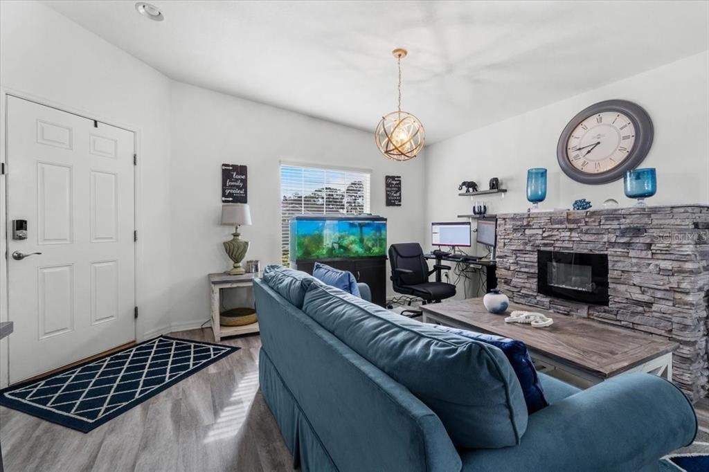 Fireplace, Home Office, Interior, Living room, Pendant Lights, Wood Texture Flooring