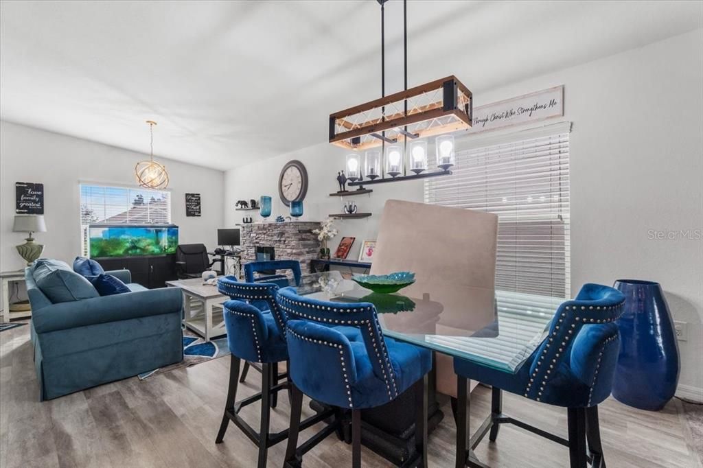 Dining room, Fireplace, Interior, Living room, Pendant Lights, Wood Texture Flooring