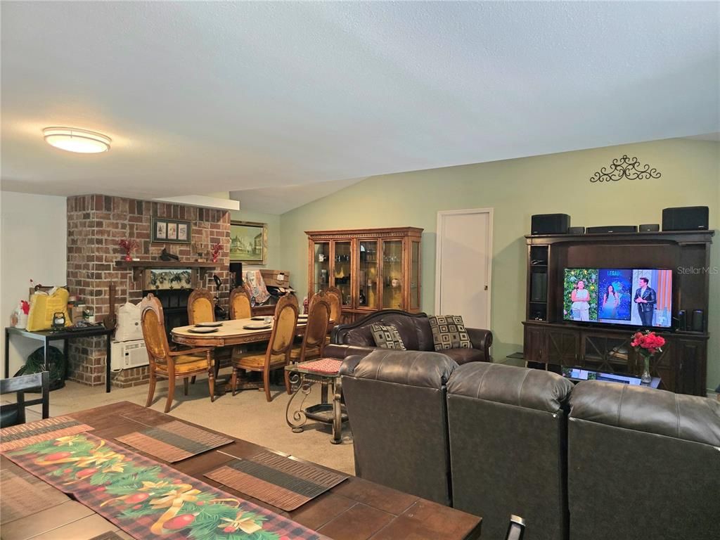 Dining room, Fireplace, Interior, Living room, Stone Walls