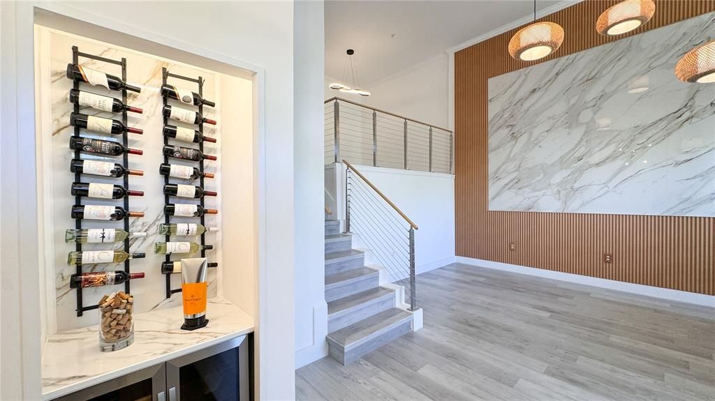 Interior, Marble Walls, Pendant Lights, Wine Storage, Wood Texture Flooring