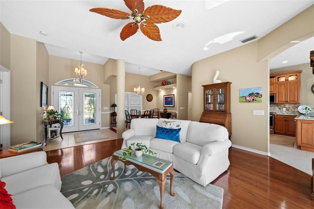Chandelier, Dining room, Interior, Kitchen, Living room, Pendant Lights, Recessed Lighting, Wood Texture Flooring