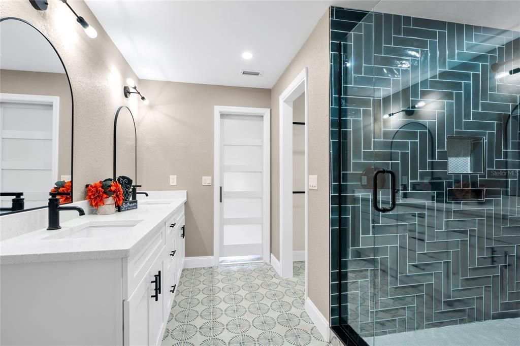 Bathroom, Dual Sink Vanities, Glass Shower, Interior, Recessed Lighting