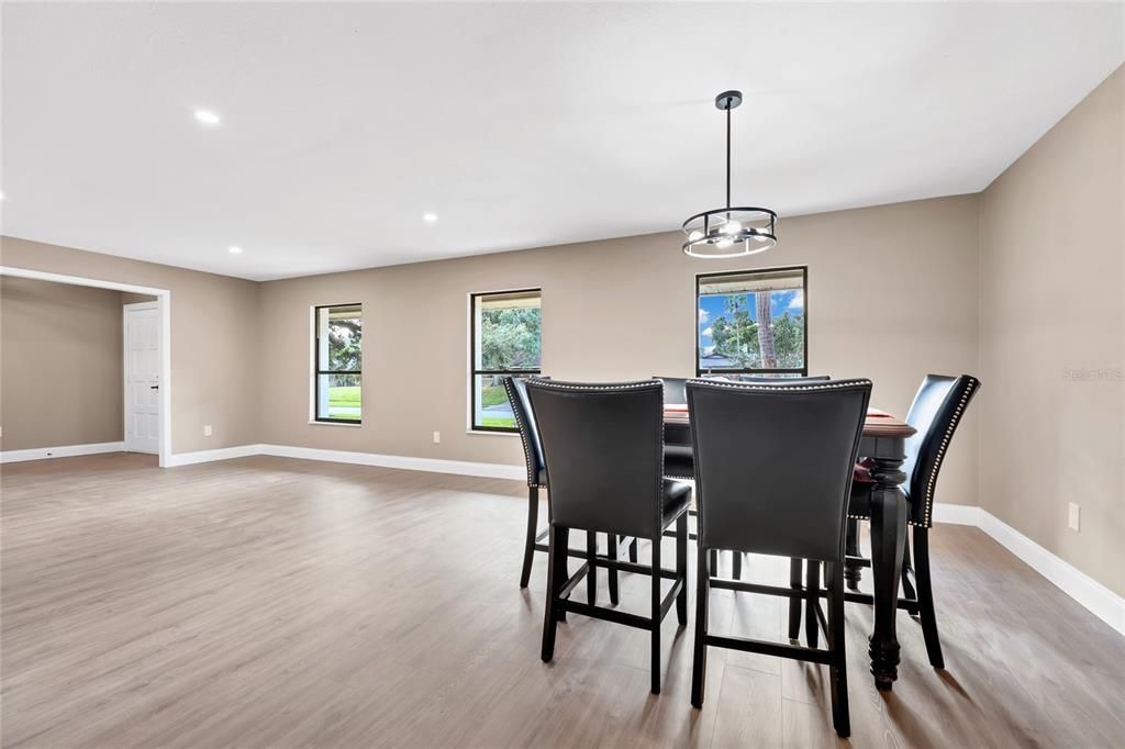 Dining room, Interior, Pendant Lights, Recessed Lighting, Wood Texture Flooring