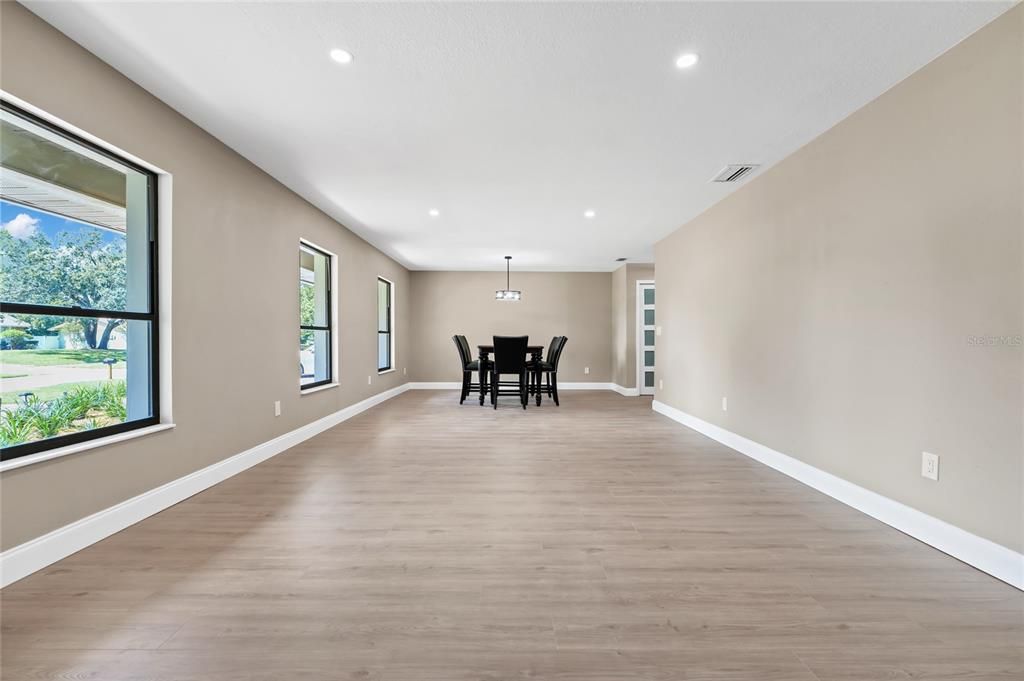 Dining room, Interior, Pendant Lights, Recessed Lighting, Wood Texture Flooring