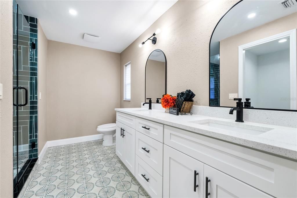 Bathroom, Dual Sink Vanities, Glass Shower, Interior, Recessed Lighting